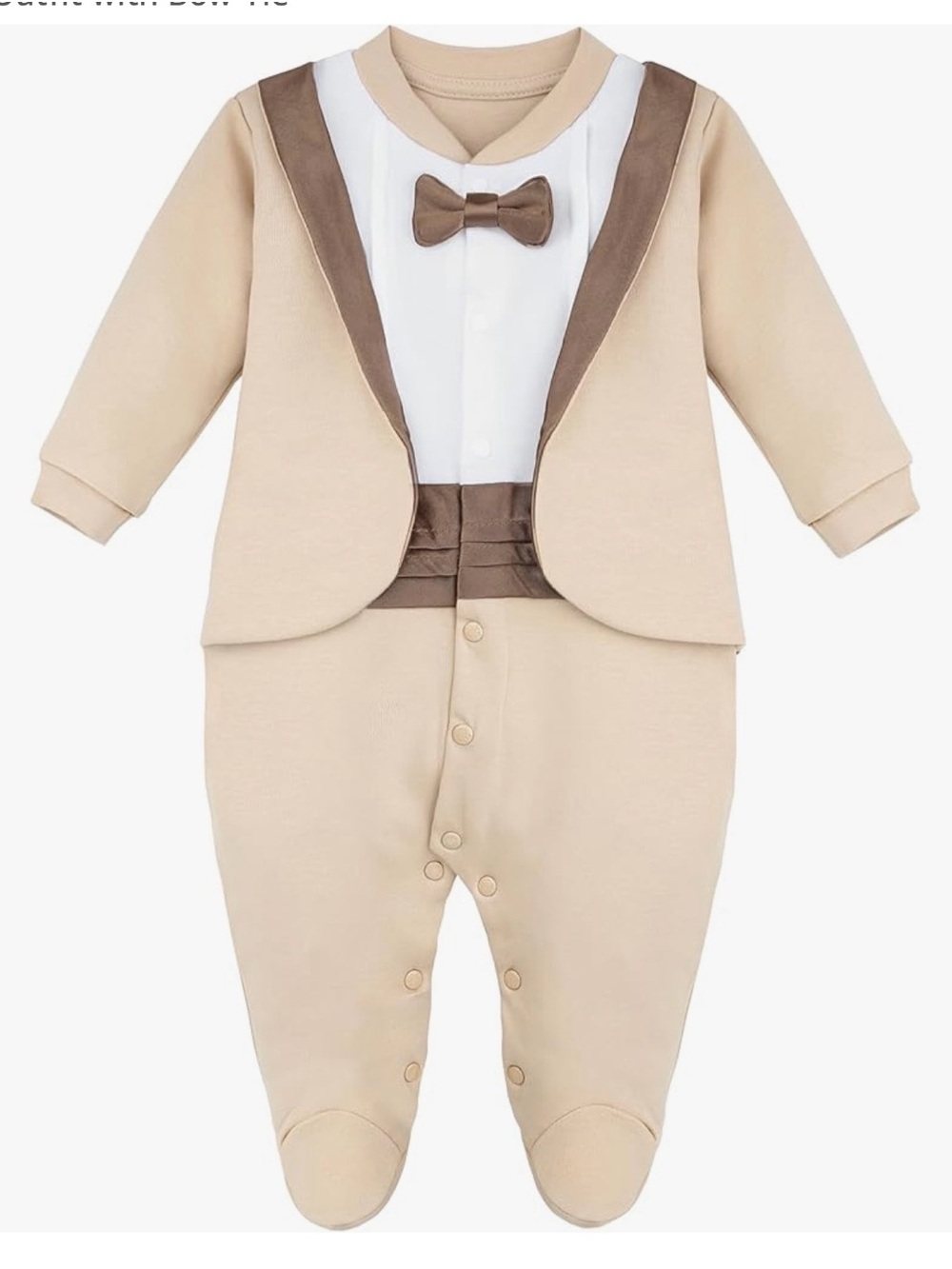 Beige Baby Tuxedo Footed Romper with Brown Trim cotton